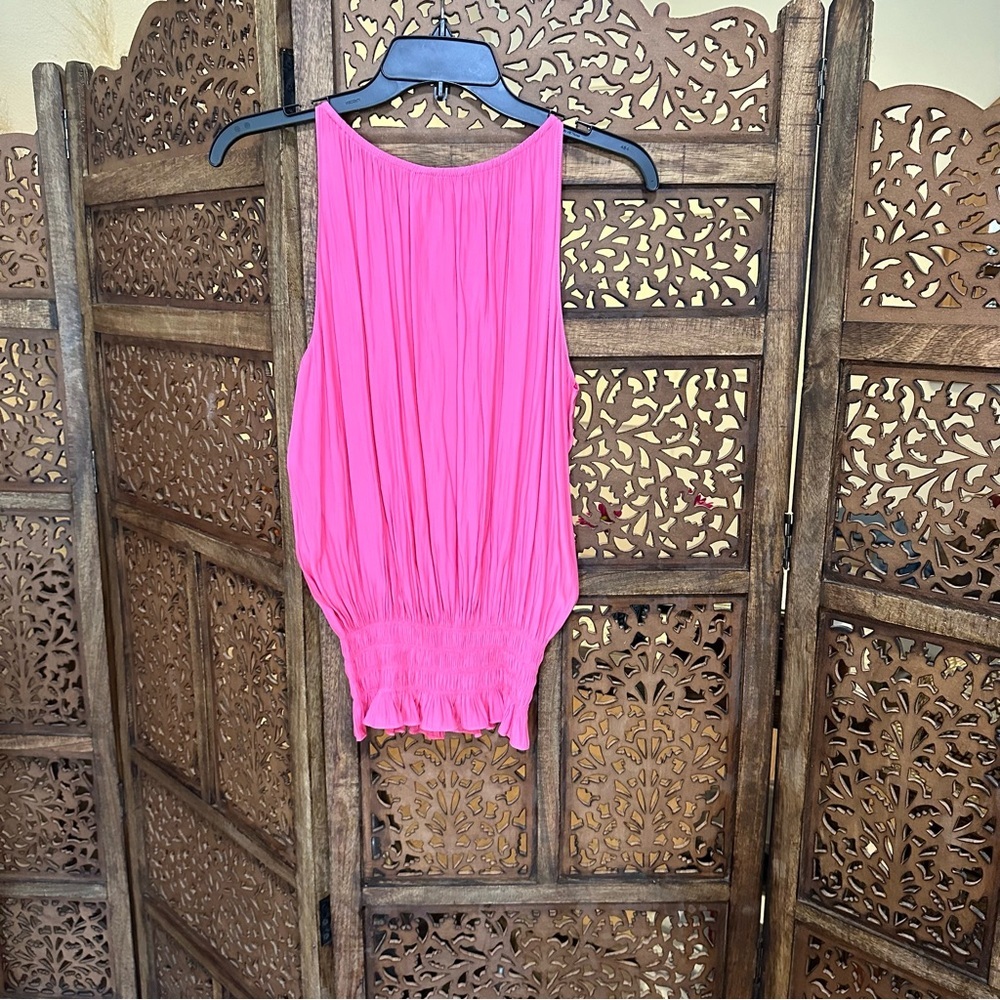 NYC Designer Ramy Brook Lauren Sleeveless Ruched Top in Bright Pink